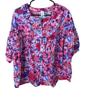 Like Love Floral Ruffle Blouse Womens L Pink Blue Button Down‎ Top